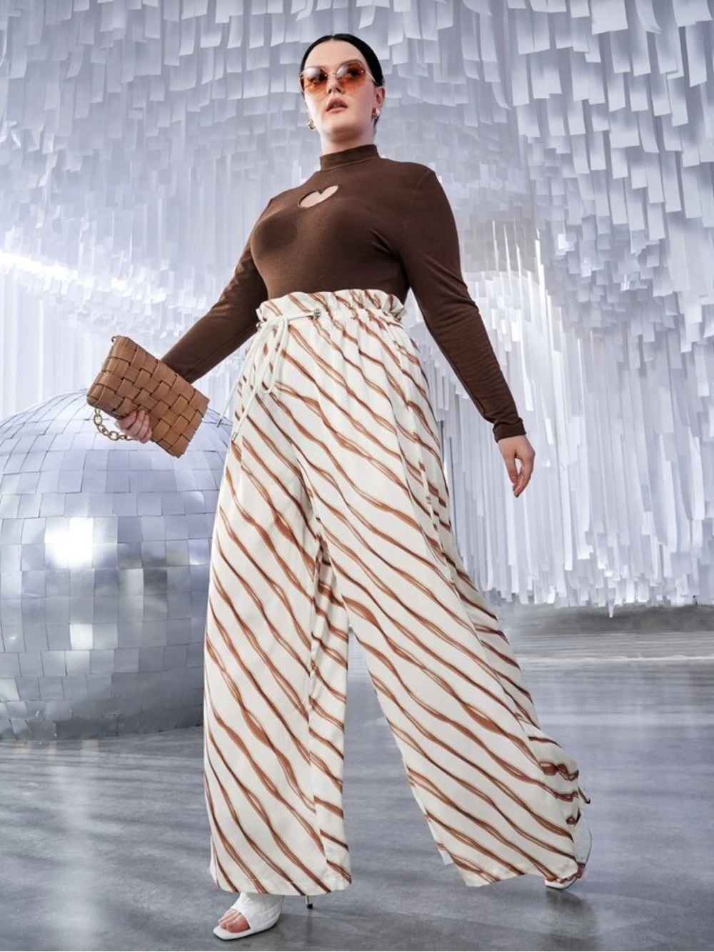 SHEIN plus size 4X brown cream striped two piece wide leg pants set